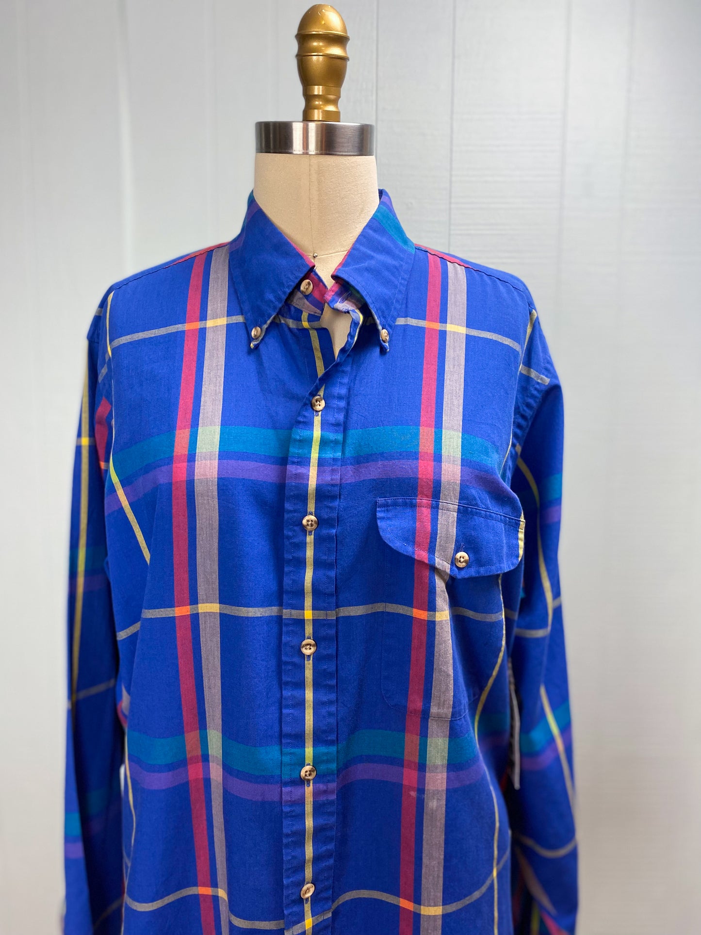 80's 90's GANT Vintage Button Down Casual Dress Shirt Royal Blue Foxhunt Plaid L