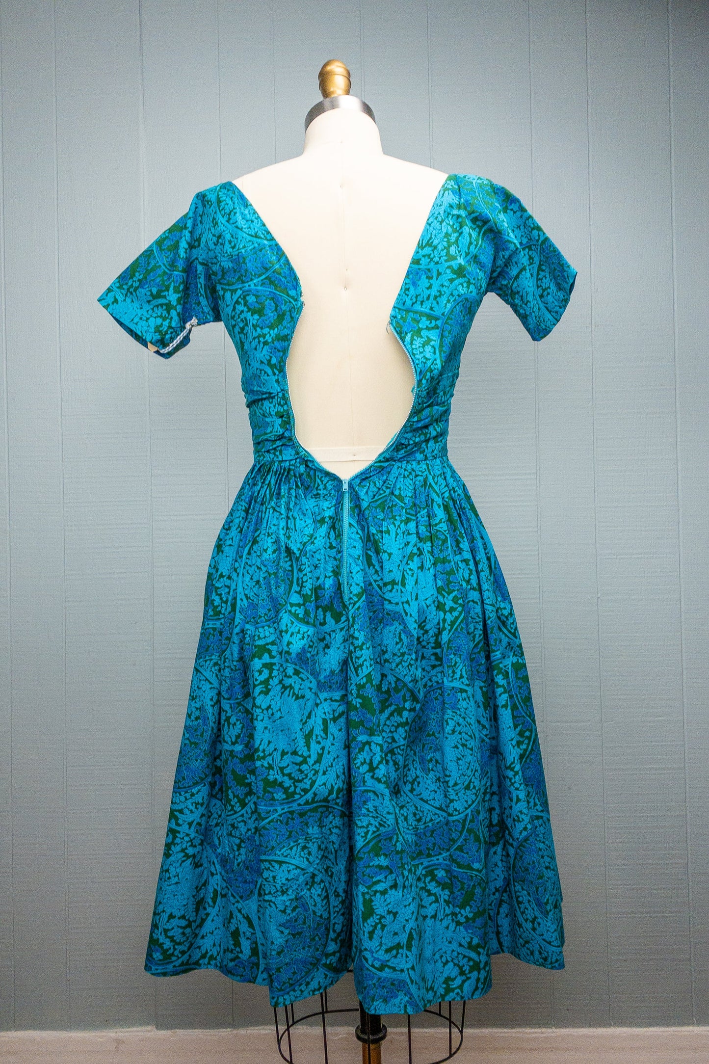 50s 60s Blue Green Toile Vine Dress | XXS/XS