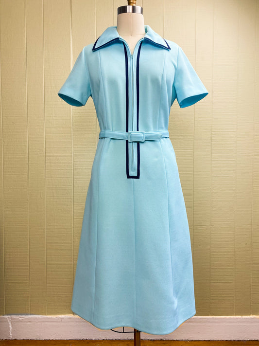 70's Light Blue Zip Front Wiggle Dress | L/XL