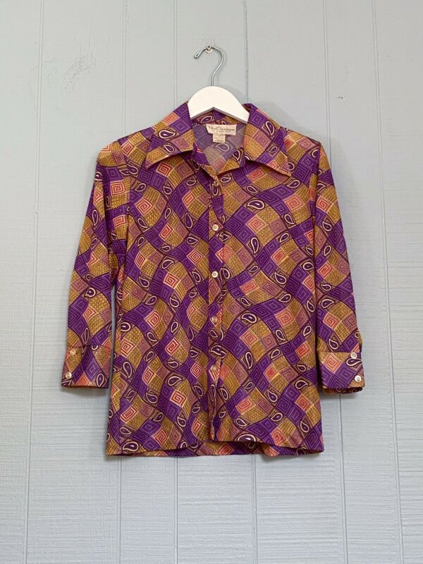 60's 70's Gold & Purple Geometric Paisley Shirt | S/M