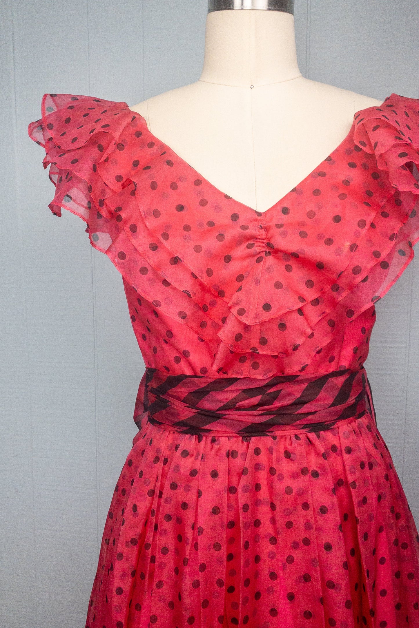 80's Magenta Pink Polka Dot Ruffle Gown | XXS/XS