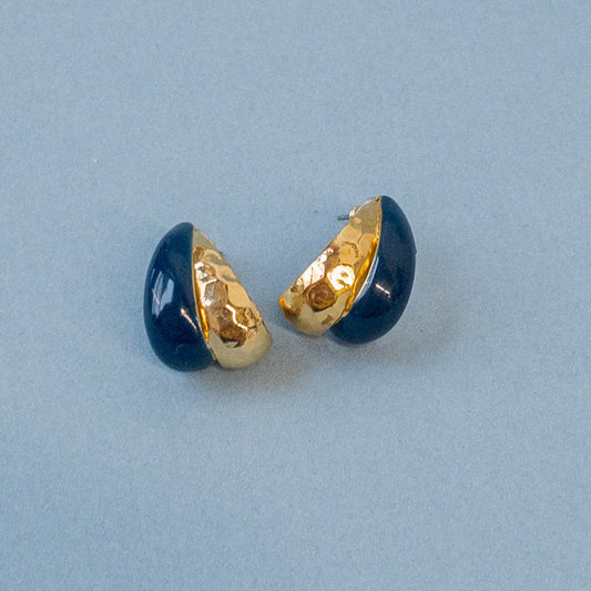 Gold & Navy Huggie Half Hoop Pierced Stud Earrings