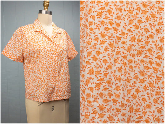 60's Orange Ditsy Floral Loop Collar Button Up Shirt | M