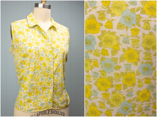 60's Yellow & Blue Ditsy Floral Sleeveless | M/L