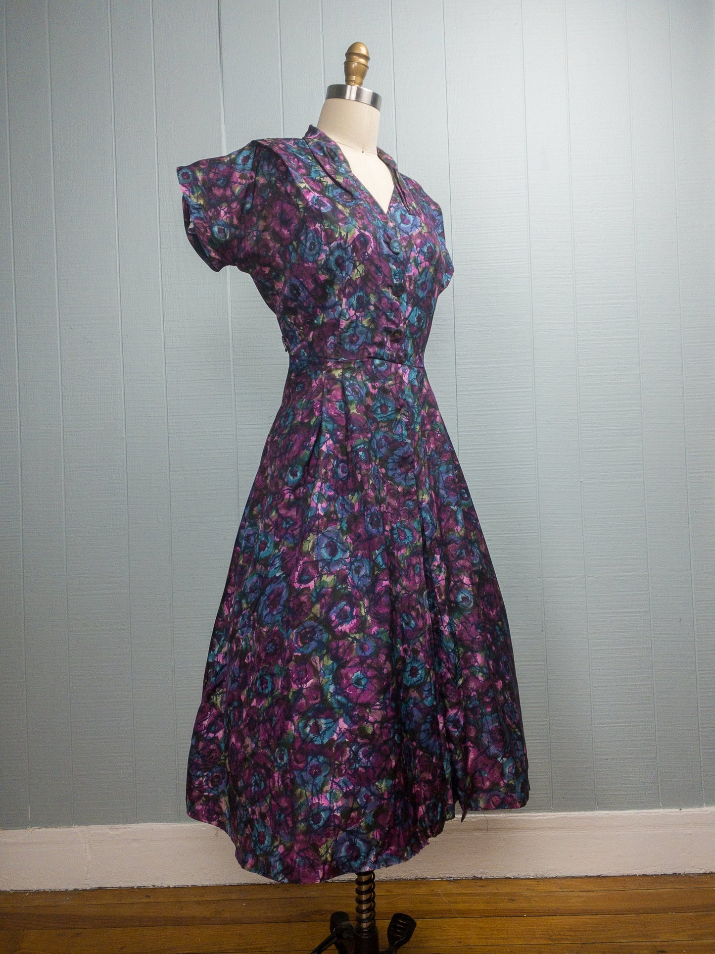 50's Purple Abstract Floral Dress | M/L