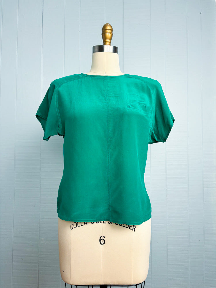 80's Silk Kelly Green Short Sleeve Blouse