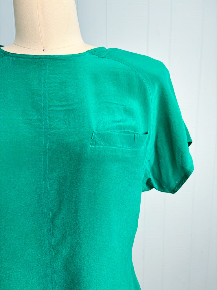 80's Silk Kelly Green Short Sleeve Blouse