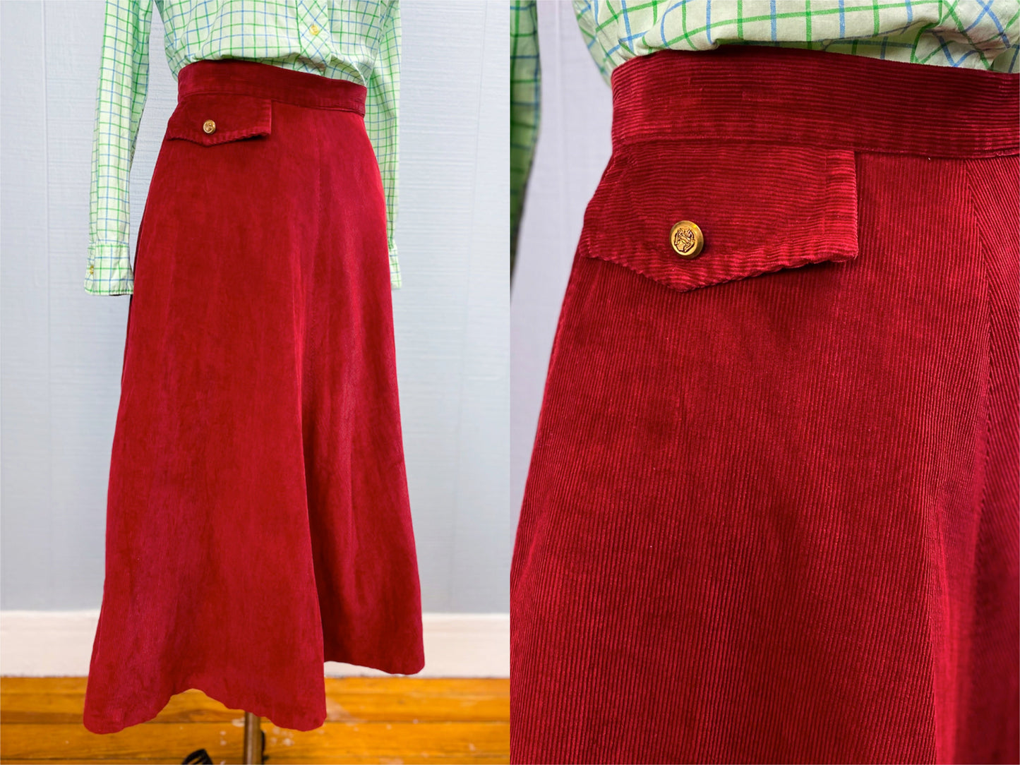 40's 50's Red Corduroy A-line Skirt | W: 24" | Knee Length "Koret of California"