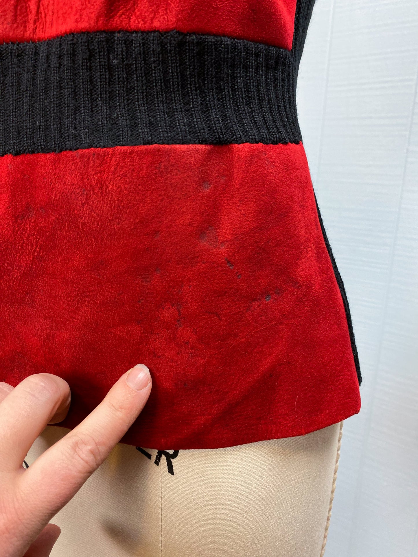 60's 70's Red Suede & Black Sweater Ribbed V Neck Vest | S/M