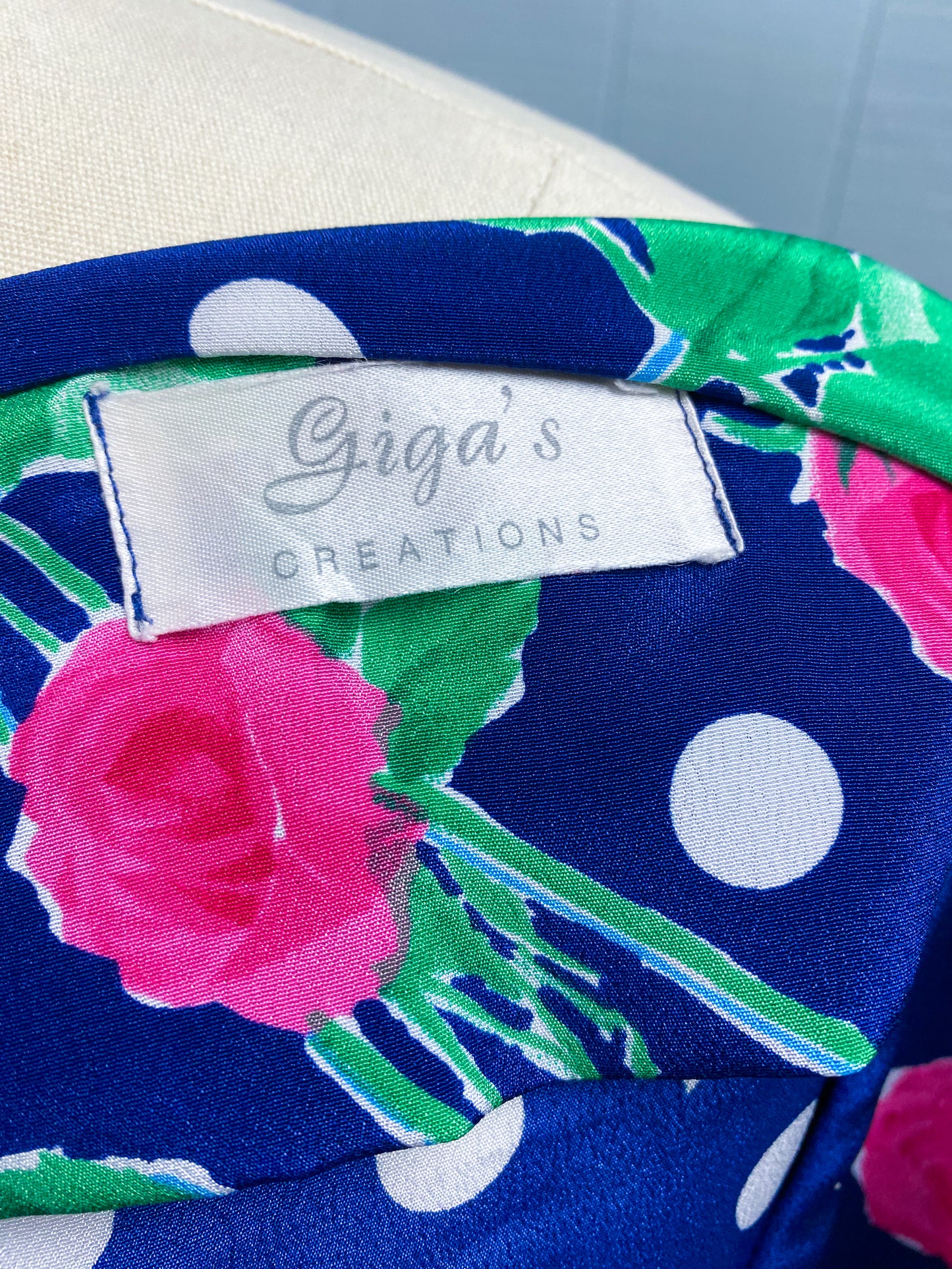 80's Navy Polka Dot Floral Blouse Giga's Creations | L/XL