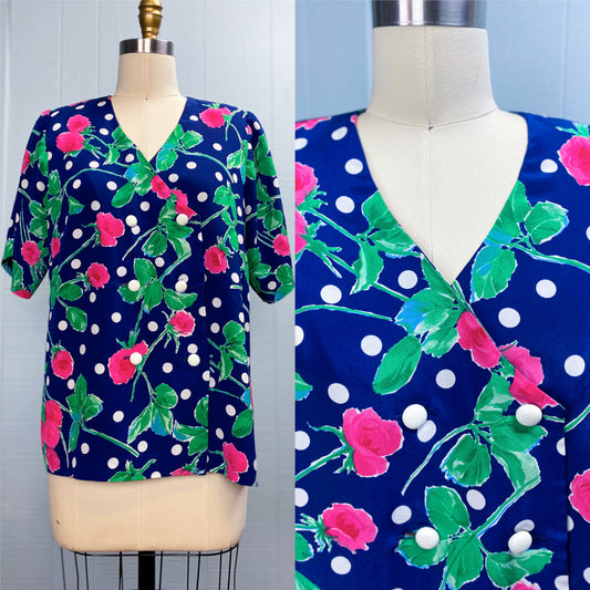 80's Navy Polka Dot Floral Blouse Giga's Creations | L/XL