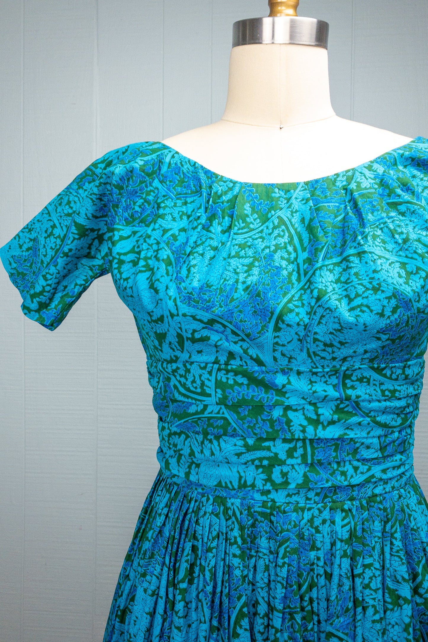 50s 60s Blue Green Toile Vine Dress | XXS/XS