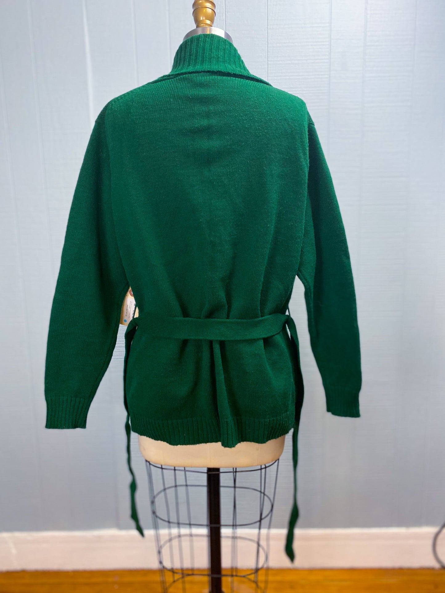 70s 80s Forest Green Shawl Collar Belted Cardigan