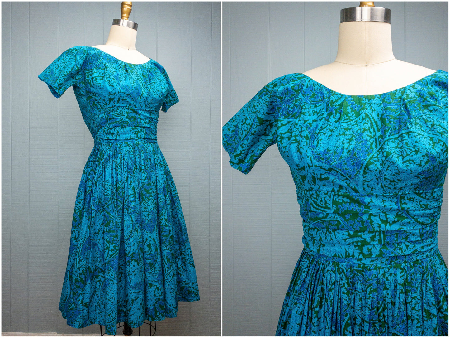 50s 60s Blue Green Toile Vine Dress | XXS/XS