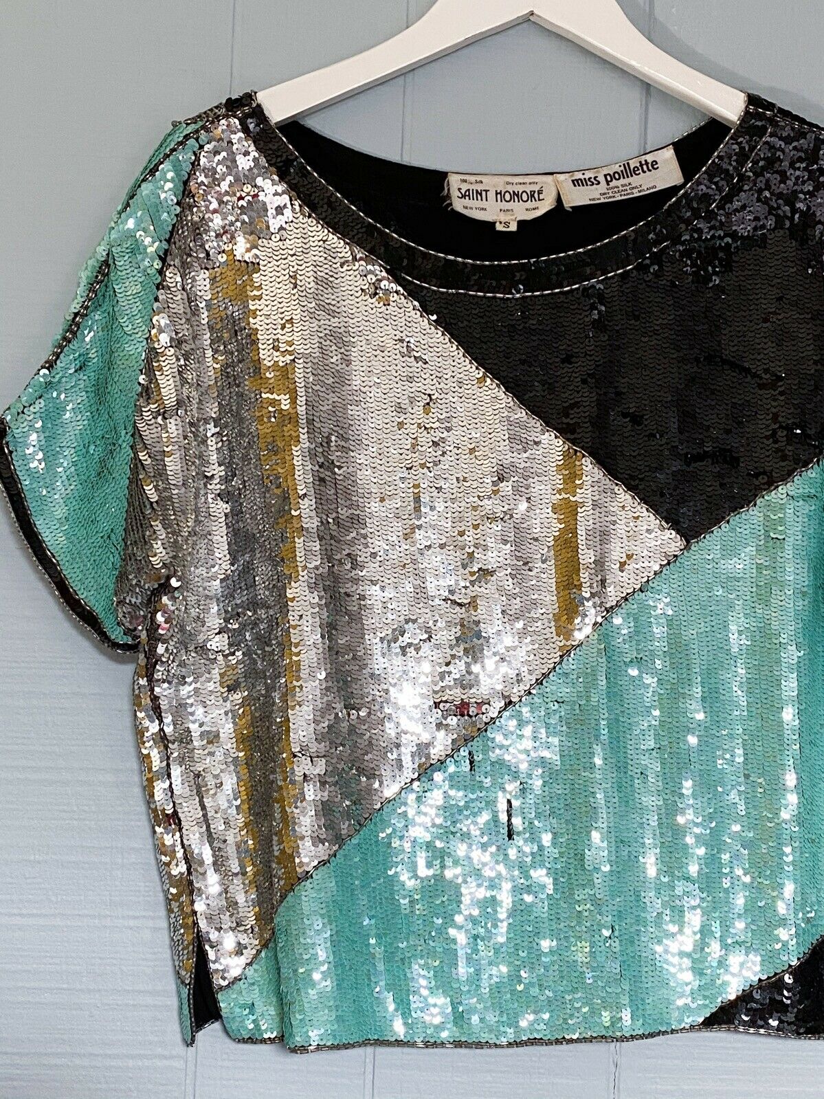 80s Teal Black Silver Colorblock Sequin Top | S/M