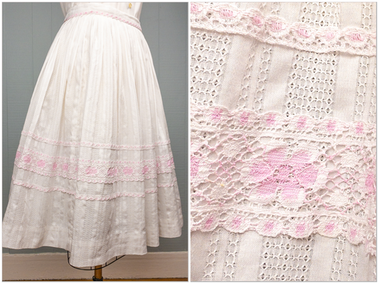 50s 60s White & Pink Eyelet Skirt | 23"