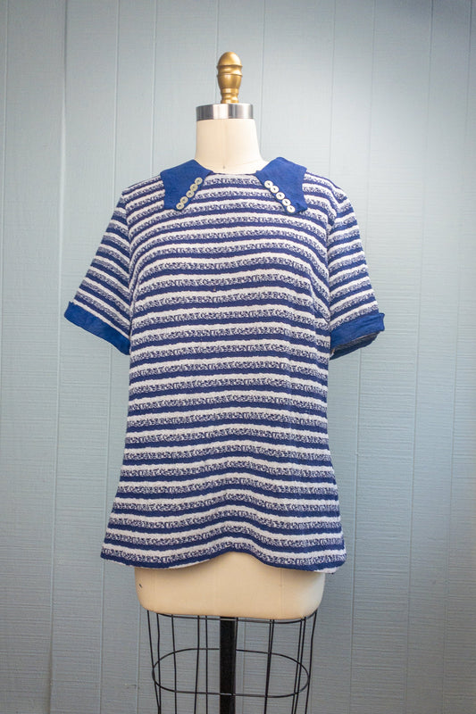 70's Navy Space Dye Striped Pullover | XL