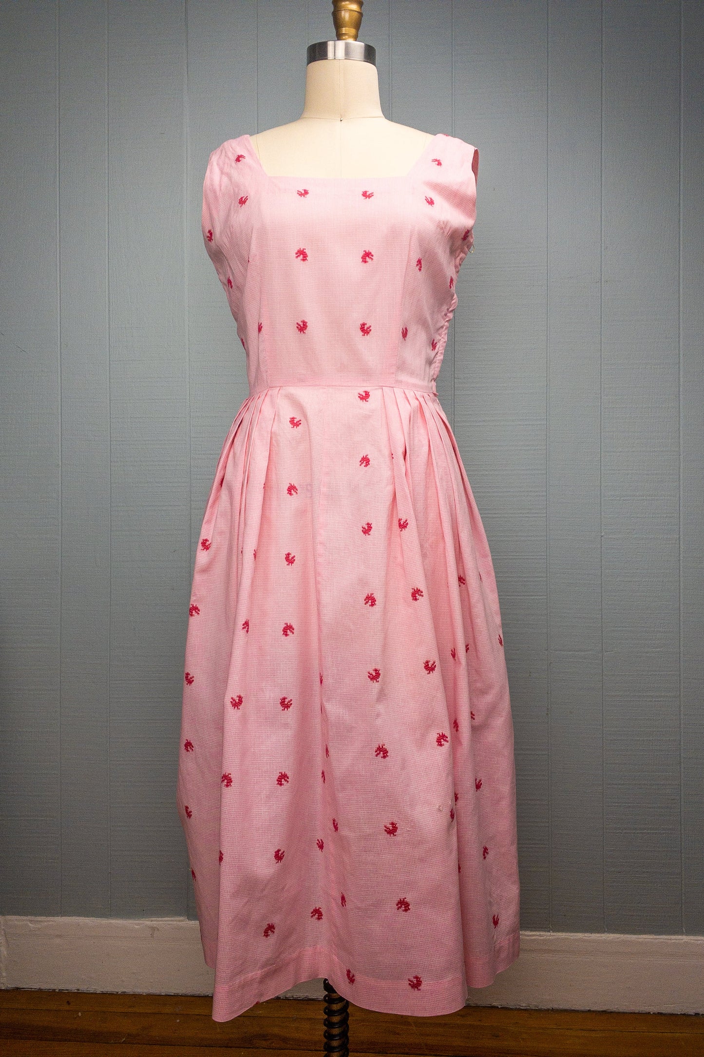 50's Pink Gingham Chicken Day Dress | M/L