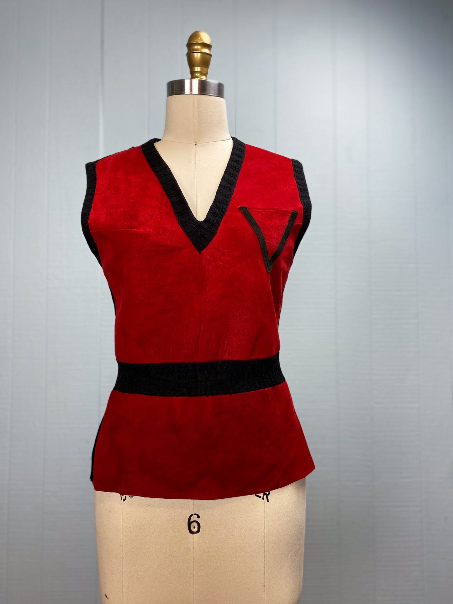 60's 70's Red Suede & Black Sweater Ribbed V Neck Vest | S/M