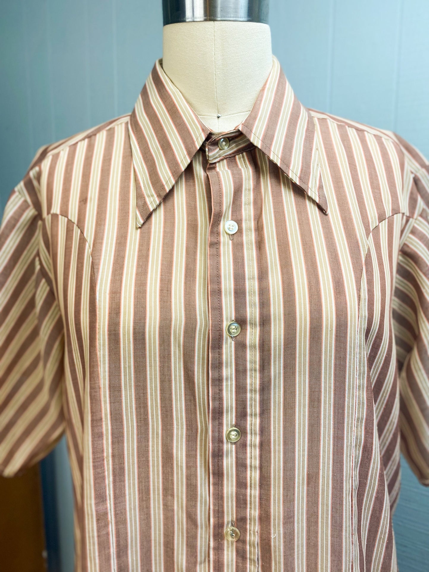 60s 70s Brown Stripe Shirt | M/L