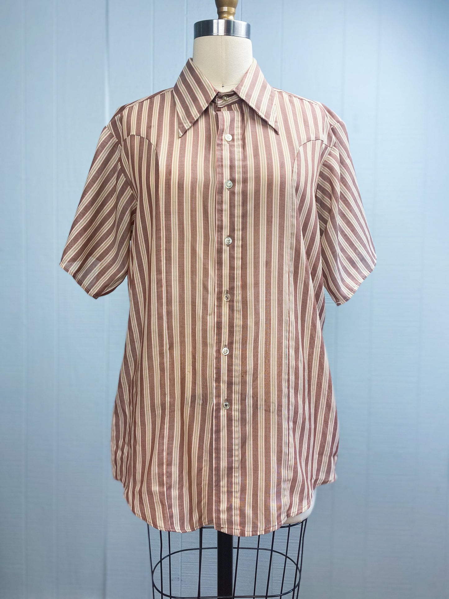 60s 70s Brown Stripe Shirt | M/L