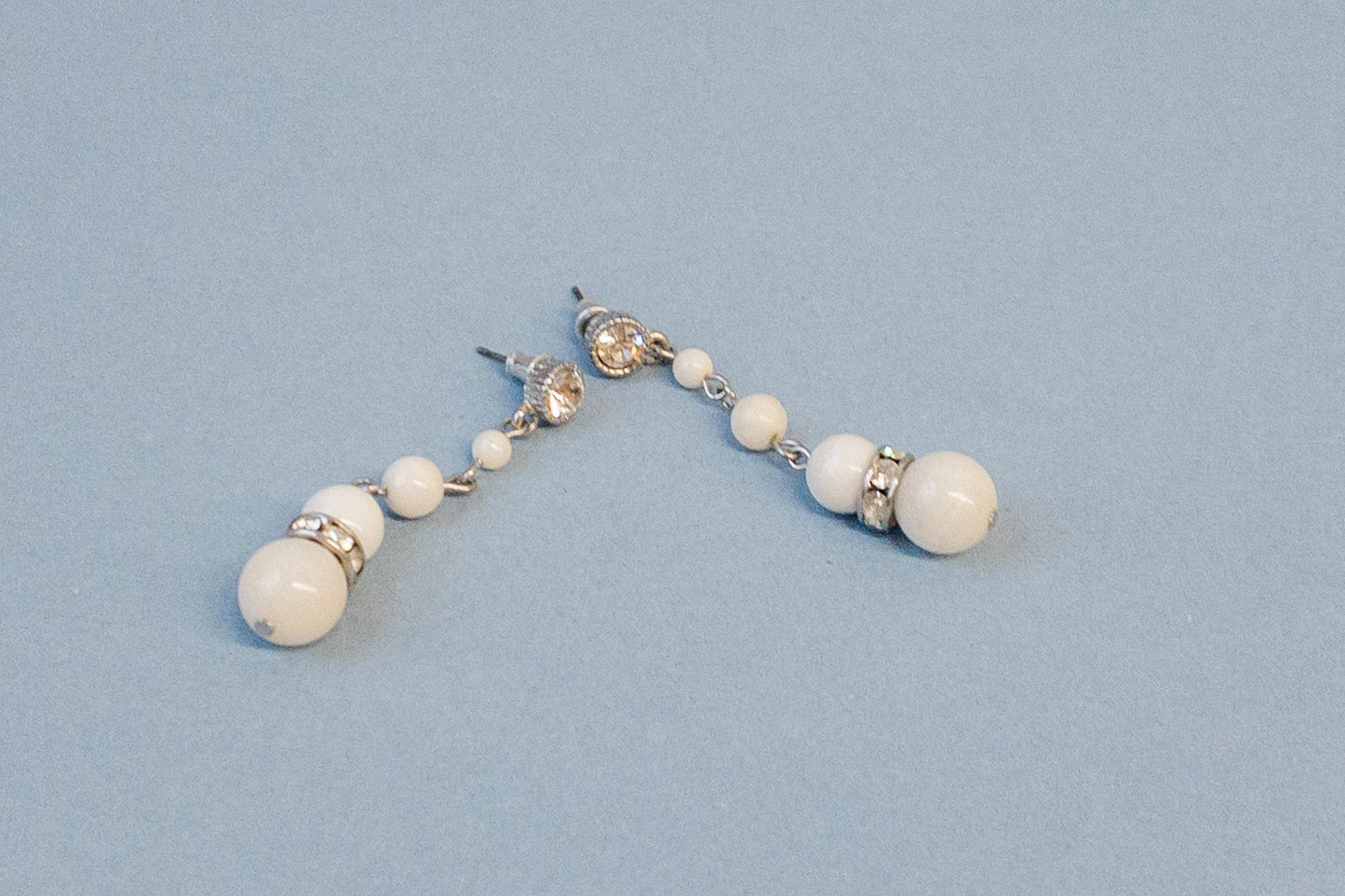 Milk White Glass Bead Dangle Rhinestone Silver Pierced Earrings