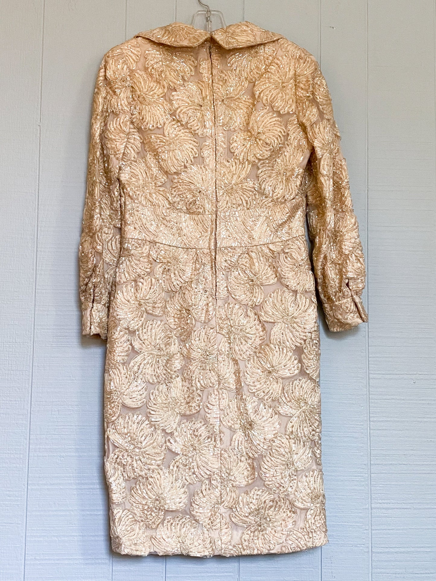 60's Cream Gold Beaded Sequin Long Sleeve Cocktail Dress | M/L