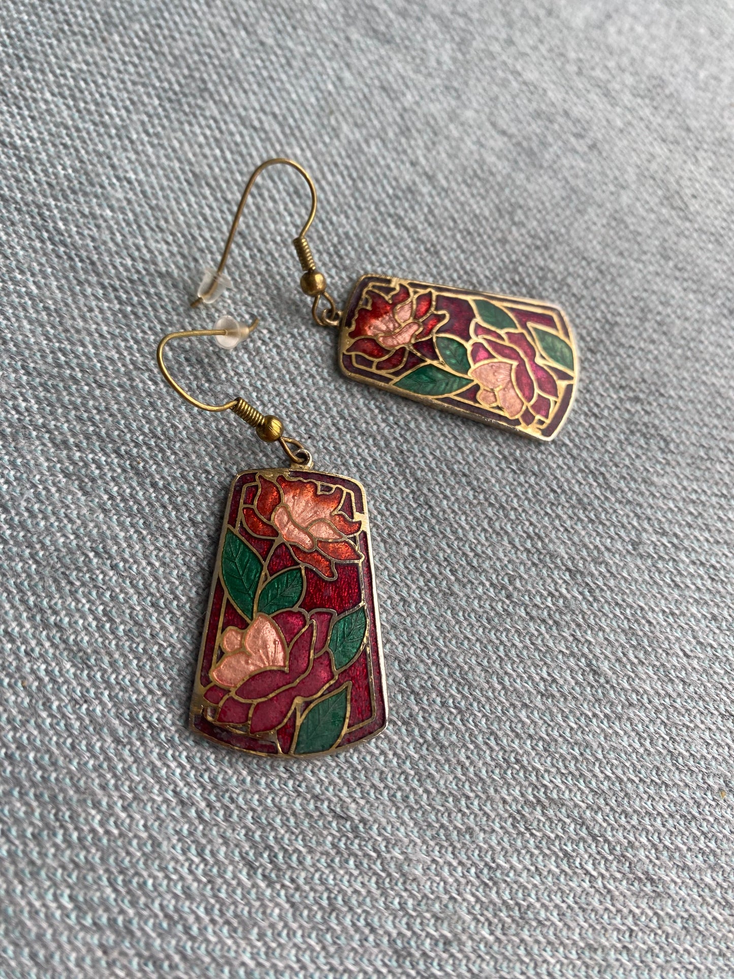 Red & Pink Floral Cloissone Dangle Earrings