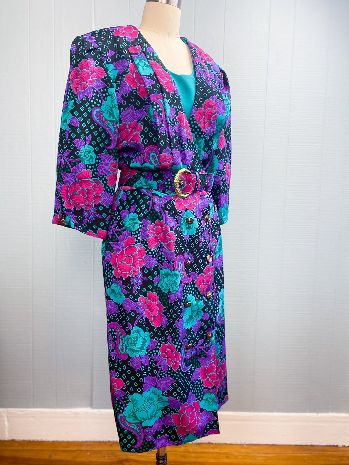 80's Black & Pink Floral Dress | XL