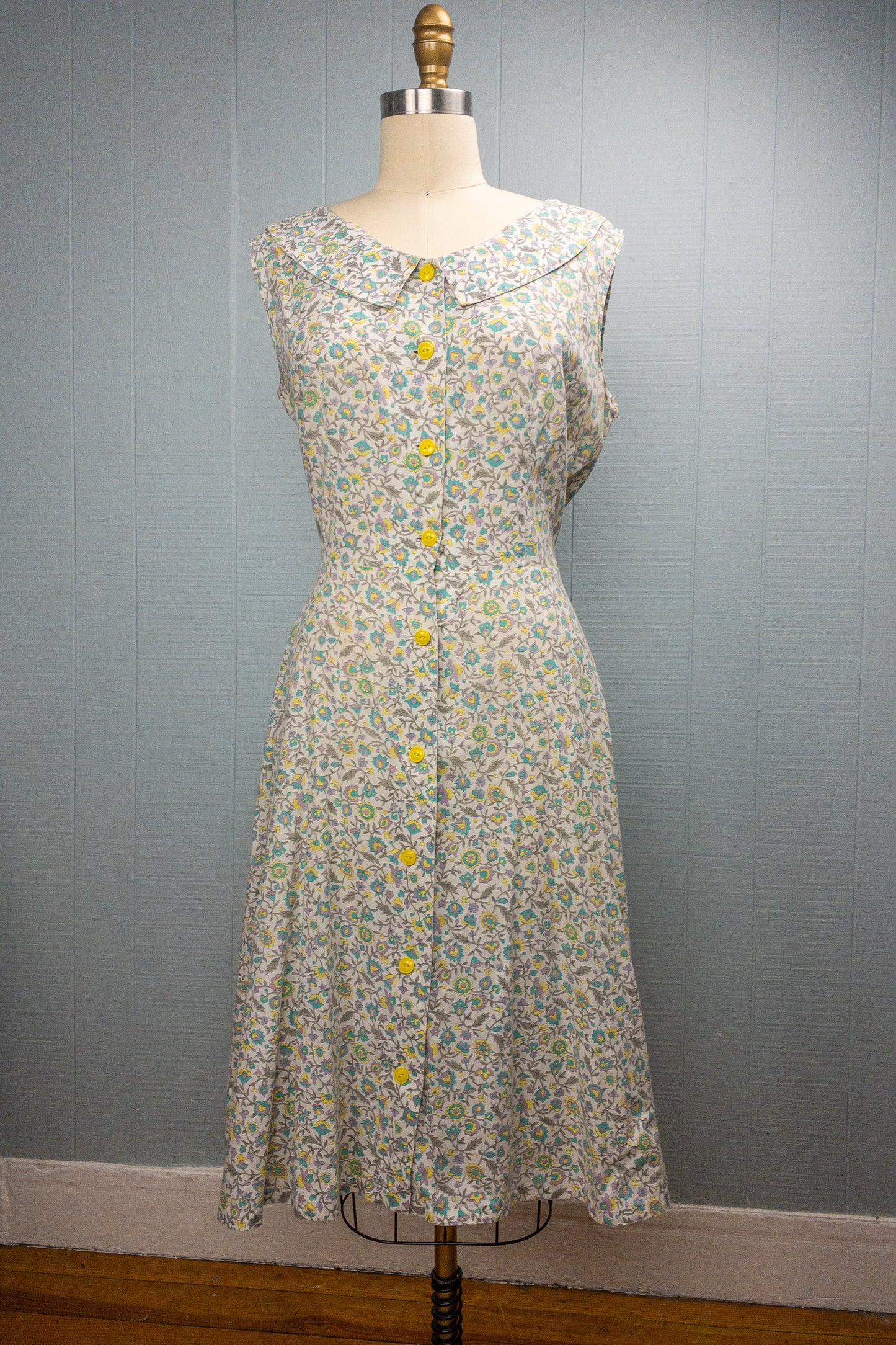50's Grey & Yellow Flower Summer Dress | L/XL