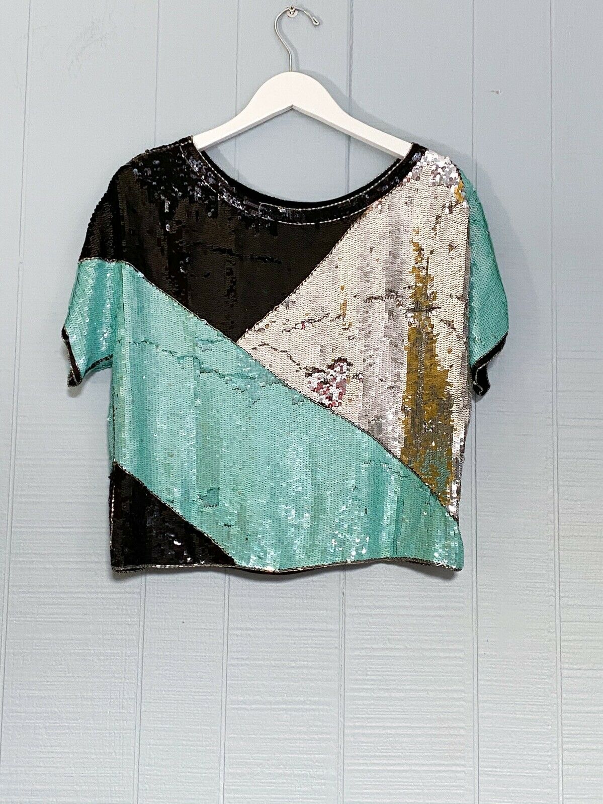 80s Teal Black Silver Colorblock Sequin Top | S/M