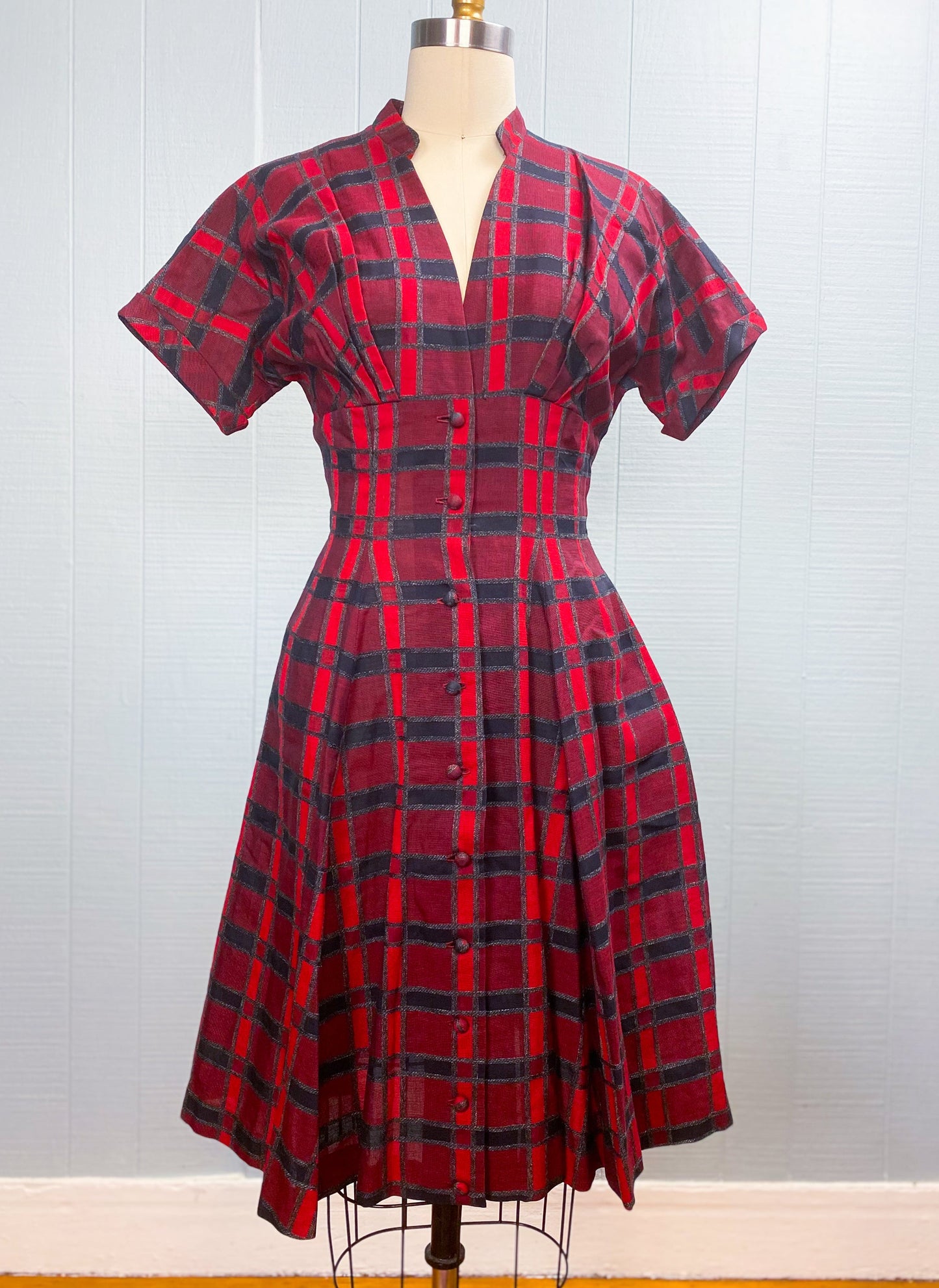 50's Black & Red Plaid Swing Party Dress | XS/S