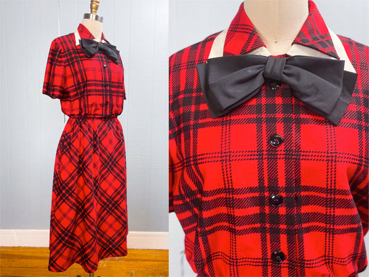 80's Red/Black Plaid Party Dress Oversize Bow & Collar