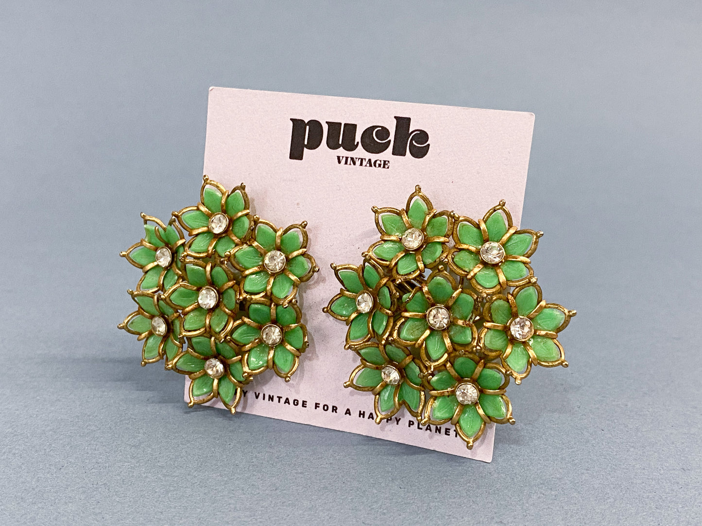 50's Green & Rhinestone Flower Bunches Clip On Earring Shoe Clip