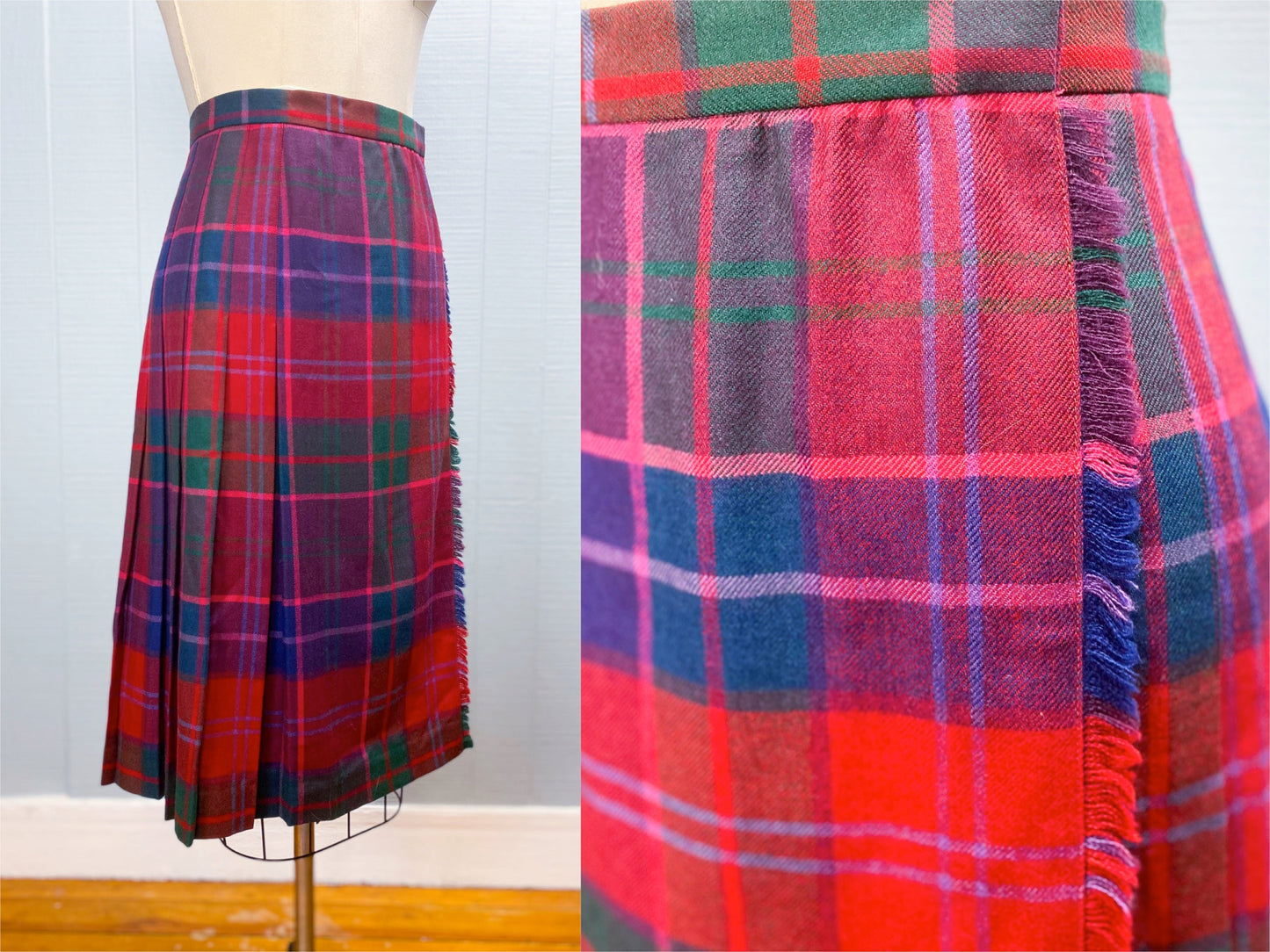 80's Talbot David Brooks Tartan Wrap Pleat Skirt Red Green Purple Navy