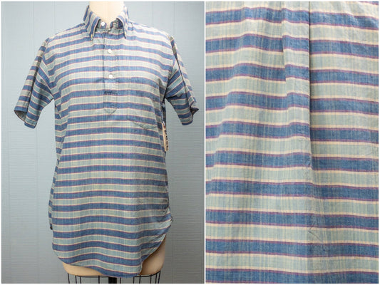 60's Blue Madras Stripe Pullover Henley | M/L