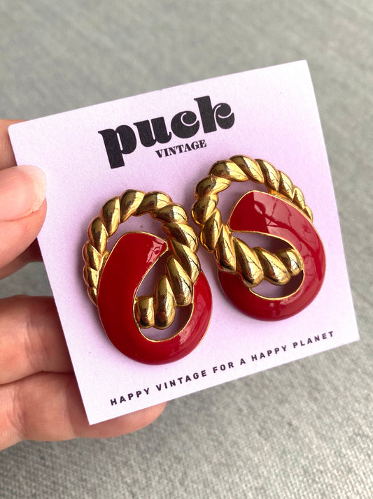 80's Red & Gold Interlocked Rope Pierced Earrings