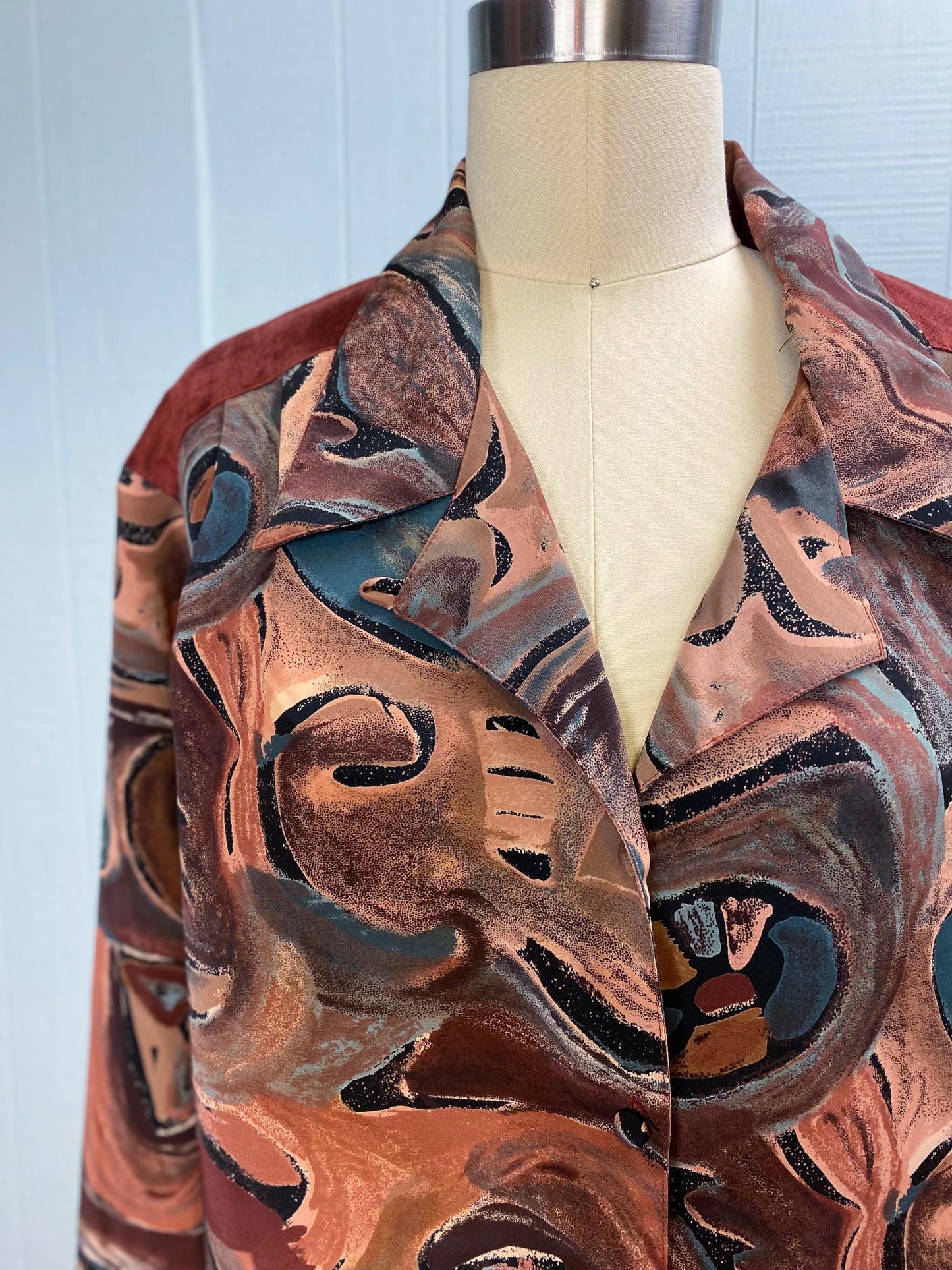 90s Brown & Teal Swirl & Suede Blouse | XL