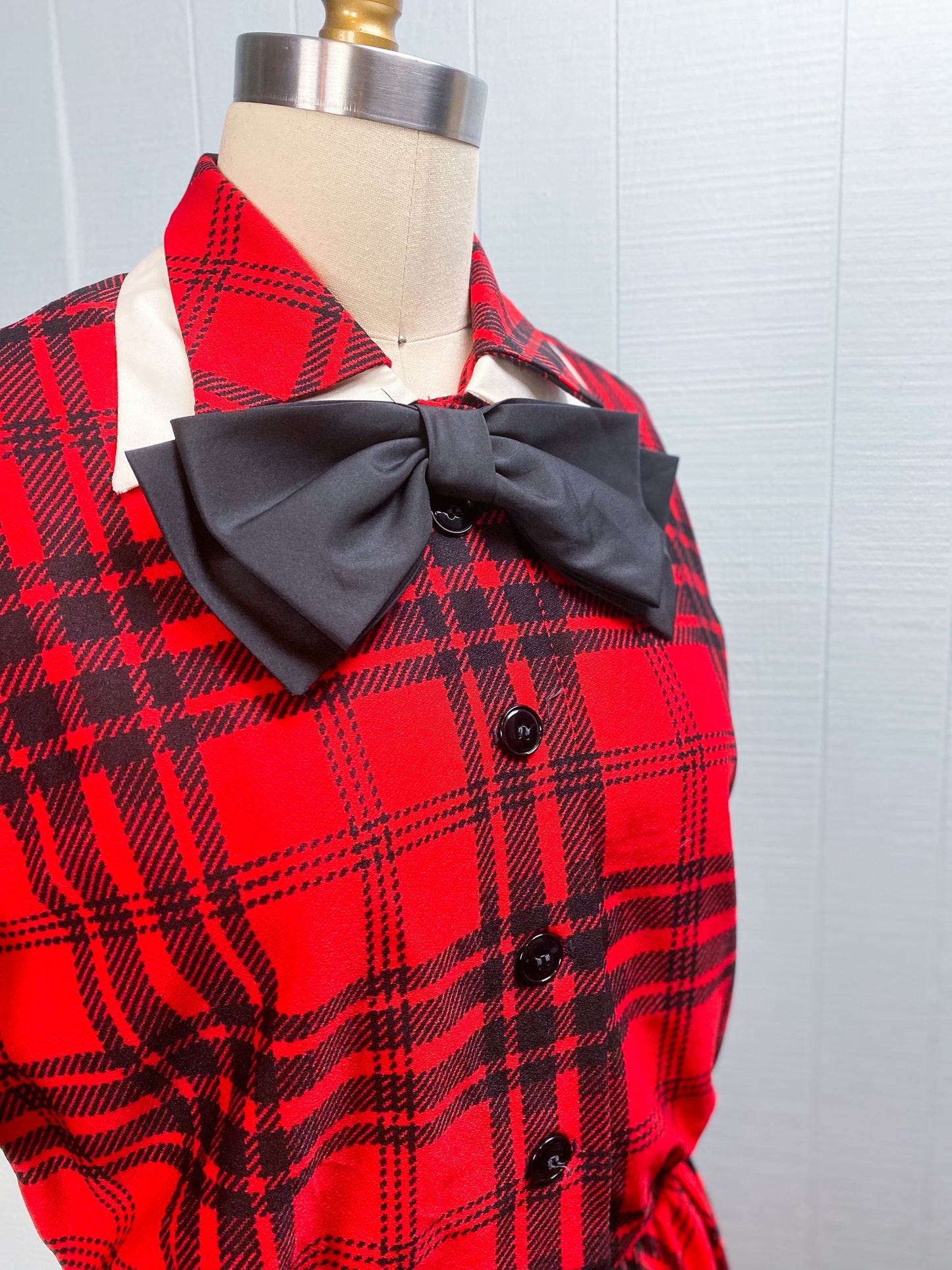 80's Red/Black Plaid Party Dress Oversize Bow & Collar