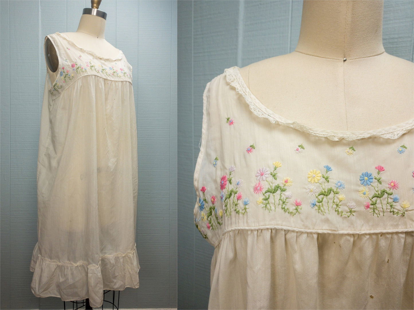 50's 60's White Cotton Airy Daisy Embroidered Nightgown
