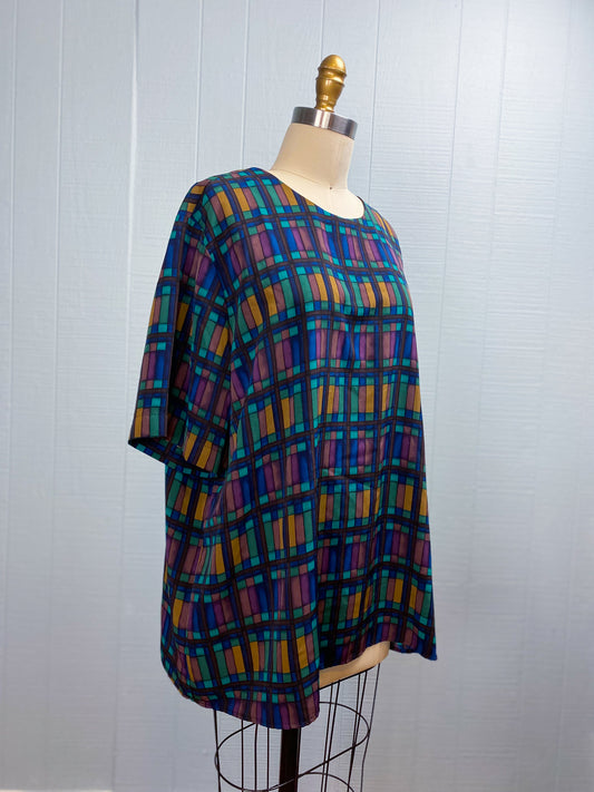 80's Geo Patterened Navy Brown Teal S/S Shirt | 2XL