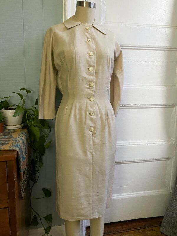 50s 60s Cream Linen Wiggle Dress | S