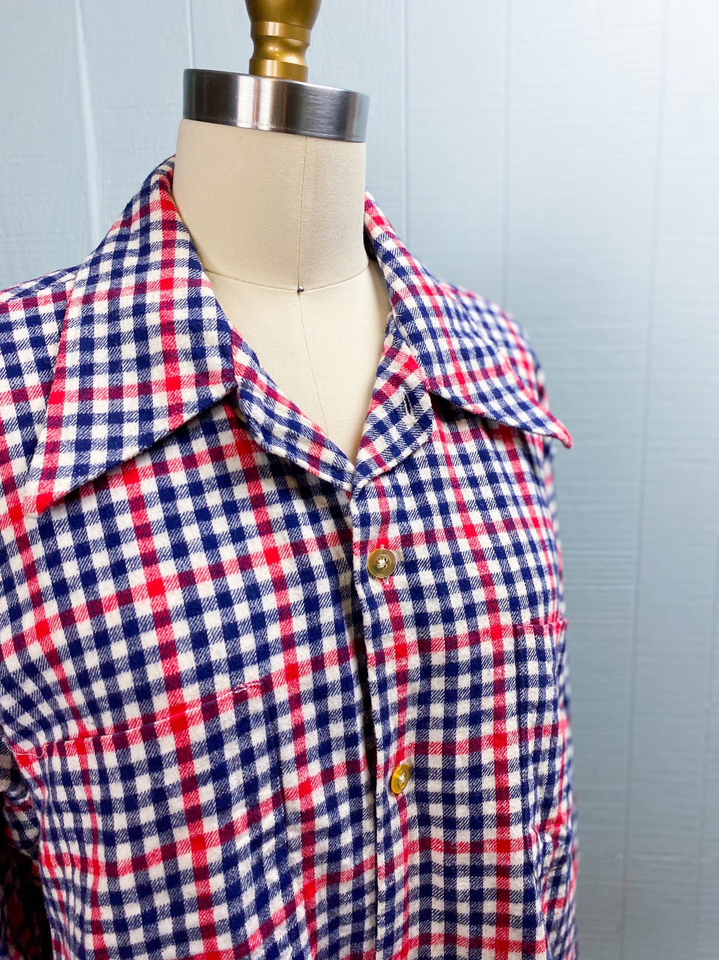 60s Blue & Red Cotton Plaid Flannel Button Up Shirt | L/XL