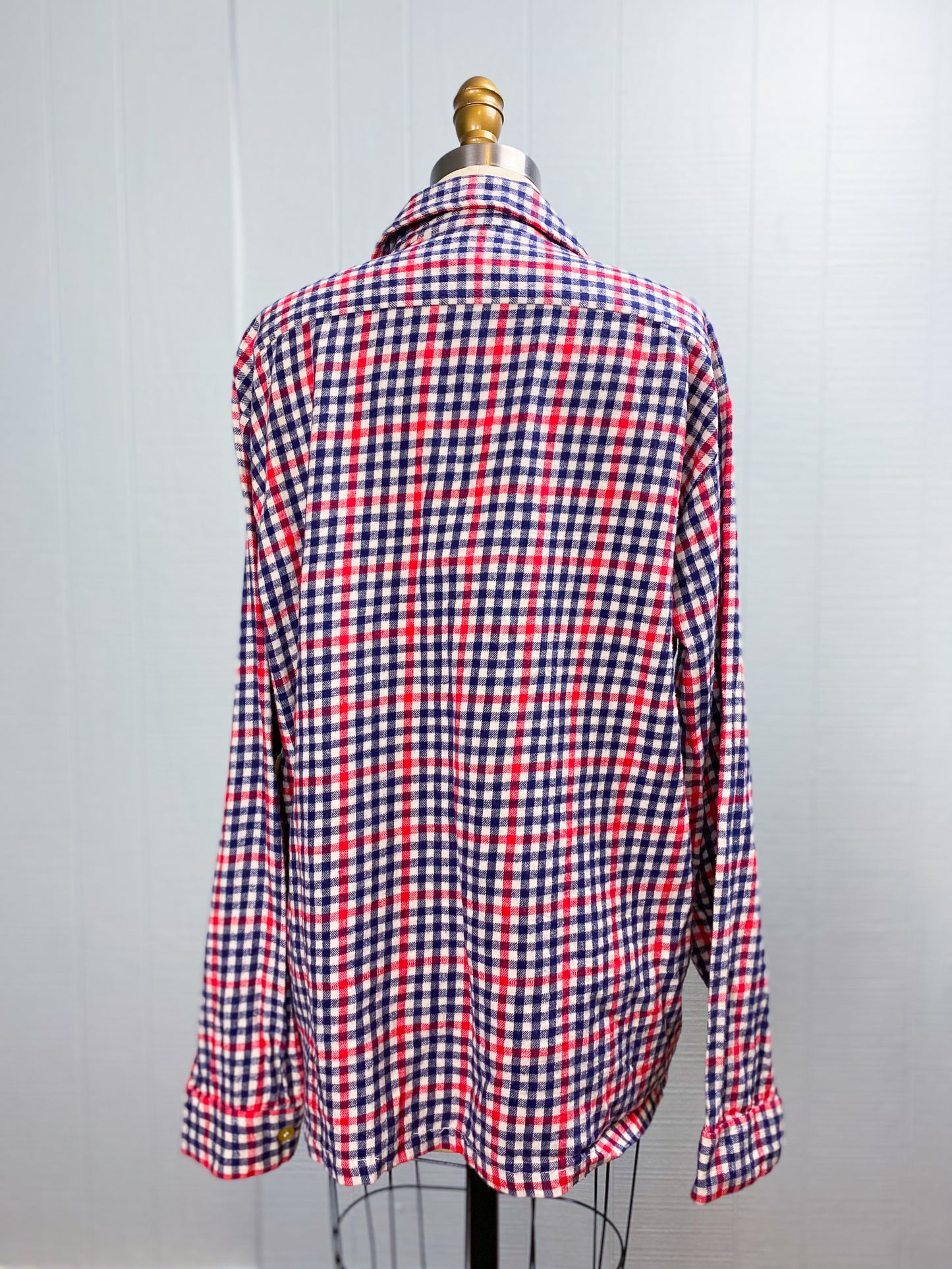 60s Blue & Red Cotton Plaid Flannel Button Up Shirt | L/XL