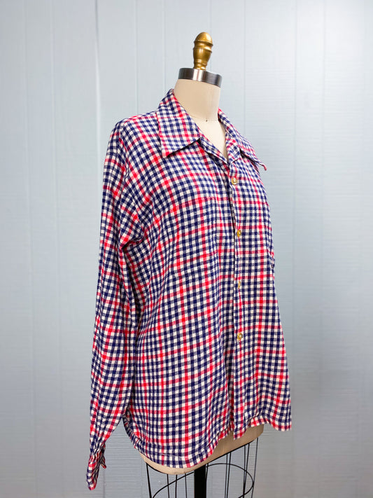 60s Blue & Red Cotton Plaid Flannel Button Up Shirt | L/XL