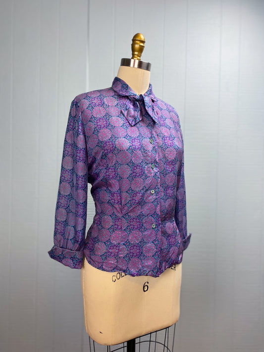 50's Silk Purple Pink Medallion Blouse | L