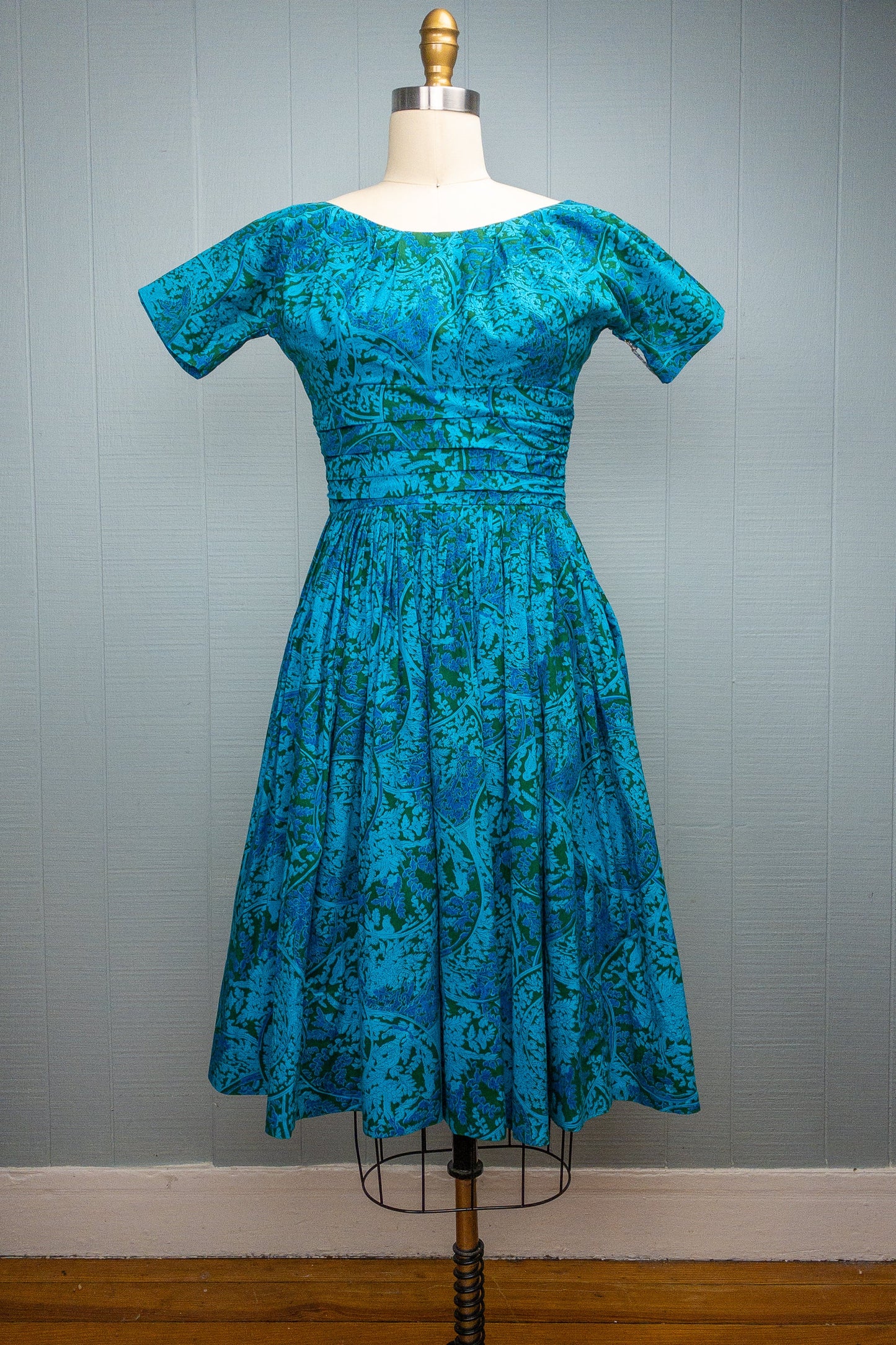 50s 60s Blue Green Toile Vine Dress | XXS/XS