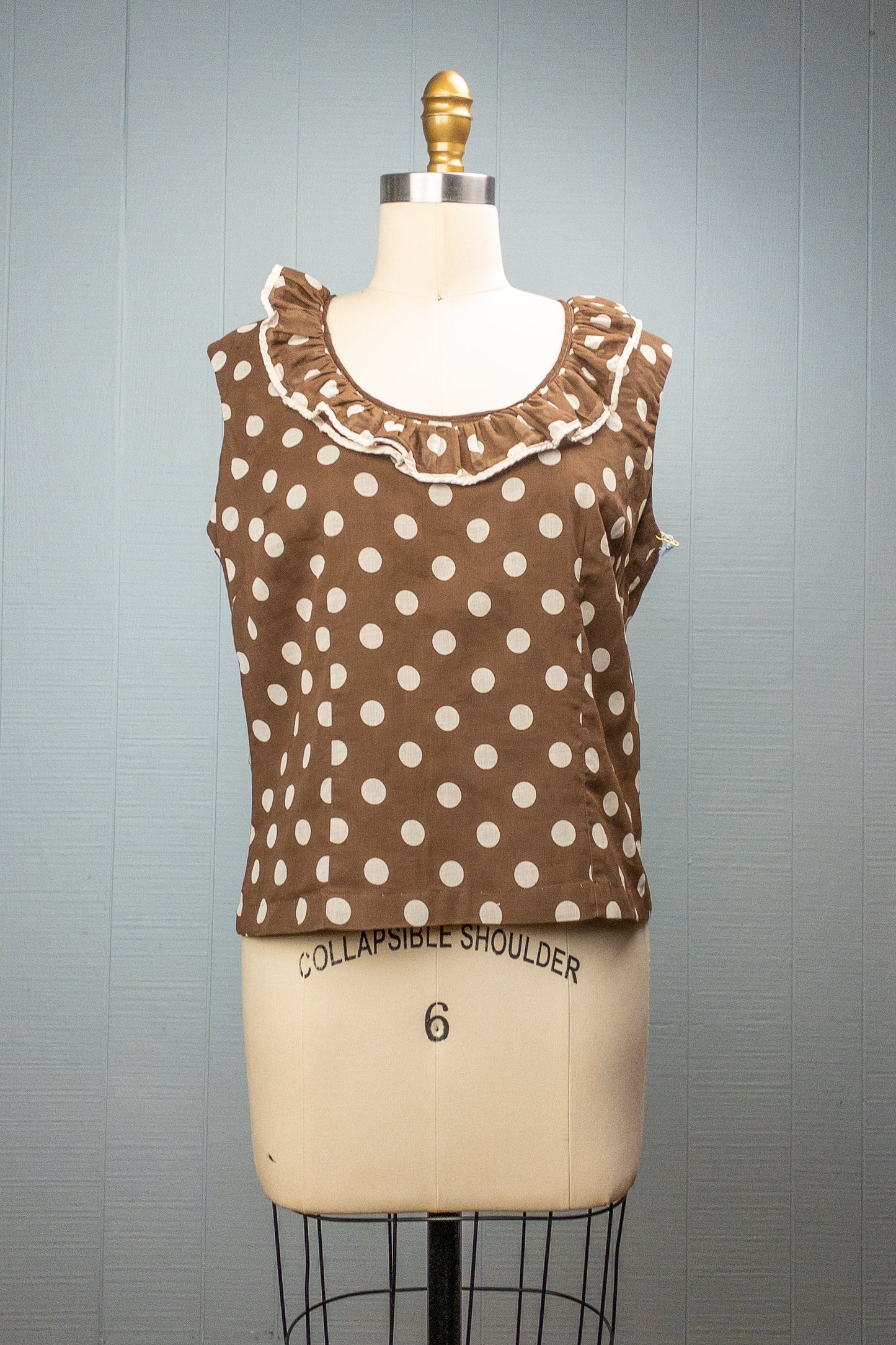 50s 60s Brown Polka Dot Ruffle Blouse | M