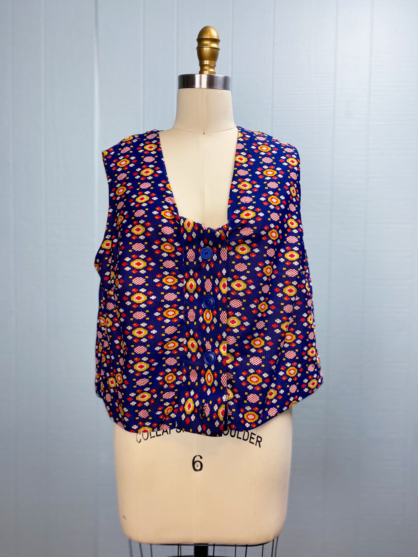 70s Navy Yellow Orange Patterned Button Vest | XL