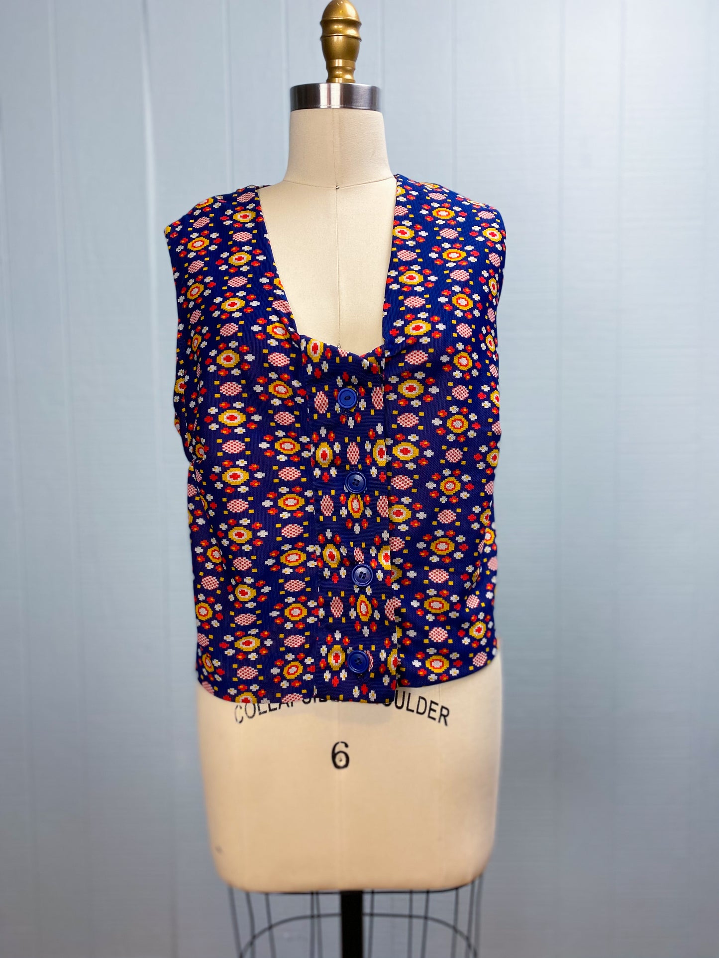 70s Navy Yellow Orange Patterned Button Vest | XL